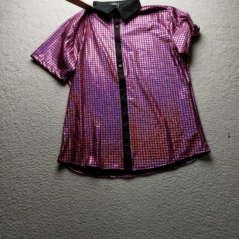 Jogal Shirt Mens Large Pink Metallic Grid Short Sleeve Stretch Button-Up Casual